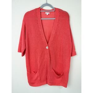J Jill Love Linen Coral Cardigan Button Front Pockets Short Sleeve Size M Spring